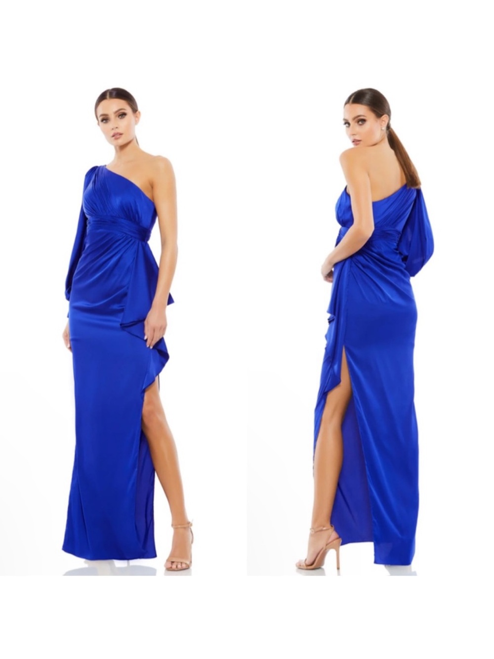 Mac Duggal One Shoulder Bishop Sleeve Gown Maxi Dress 55398 Sapphire Blue 6 NWT